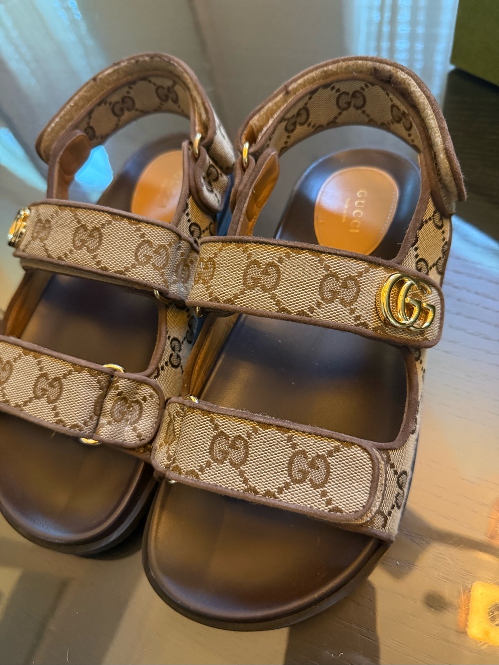 Gucci Brown Beige GG Canvas Sandals with Gold Double-G Accent - Picture 2 of 9